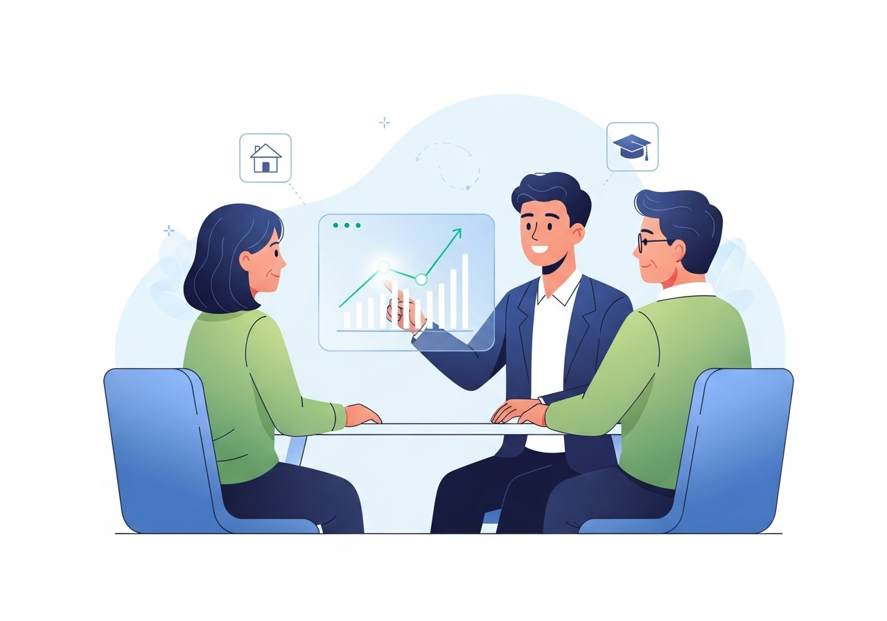 Illustration of a financial consultant helping clients